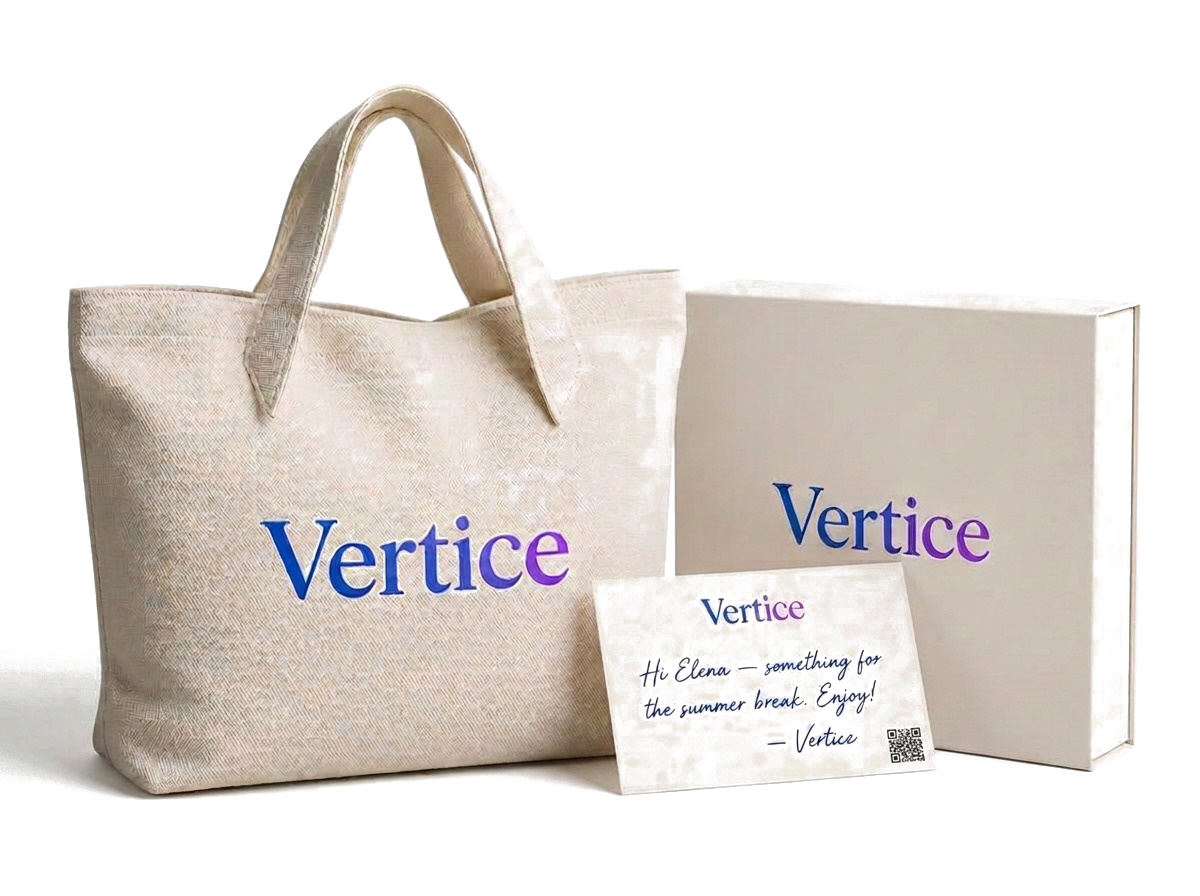 Branded canvas beach bag with matching packaging and handwritten note