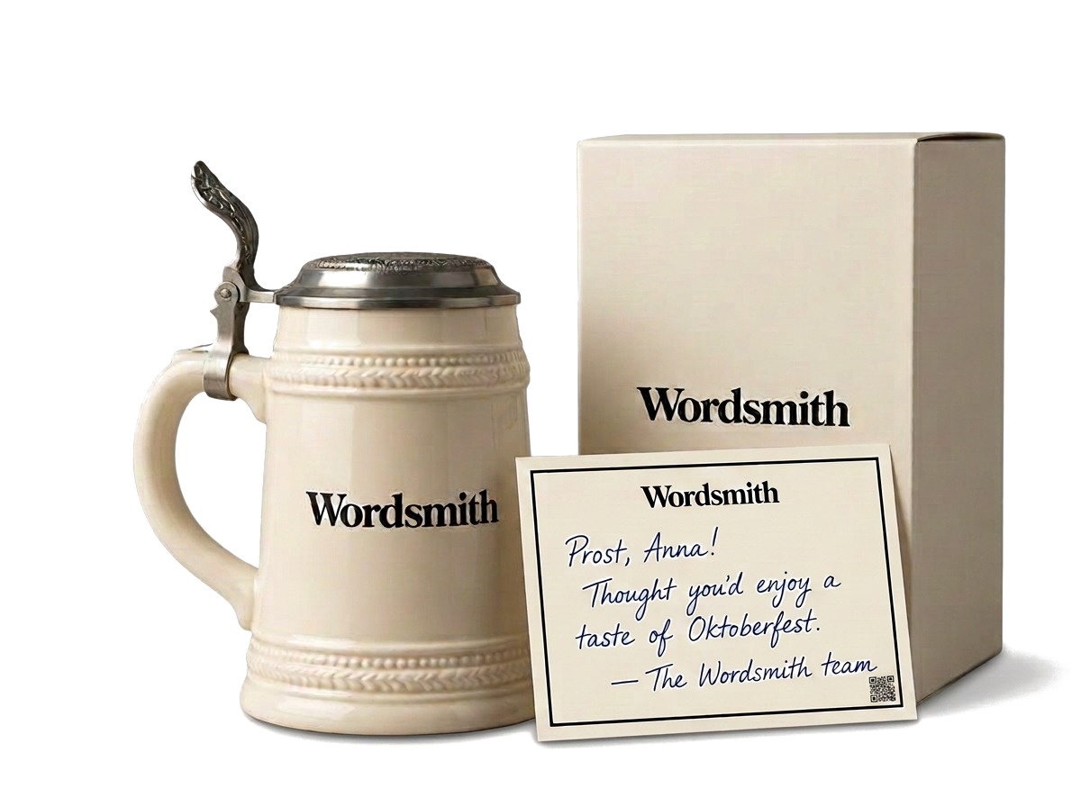 Branded Oktoberfest beer stein with matching packaging and handwritten note