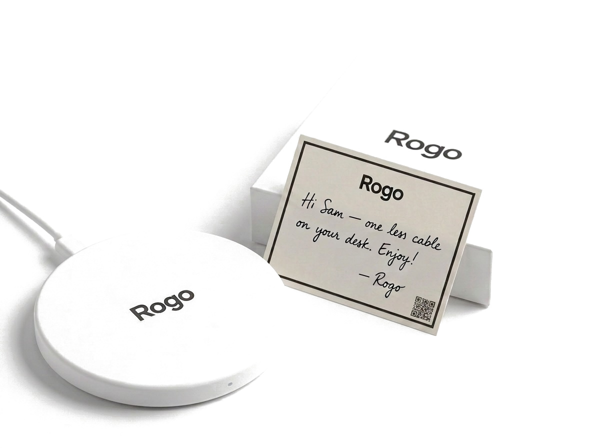 Branded wireless charging pad with matching packaging and handwritten note